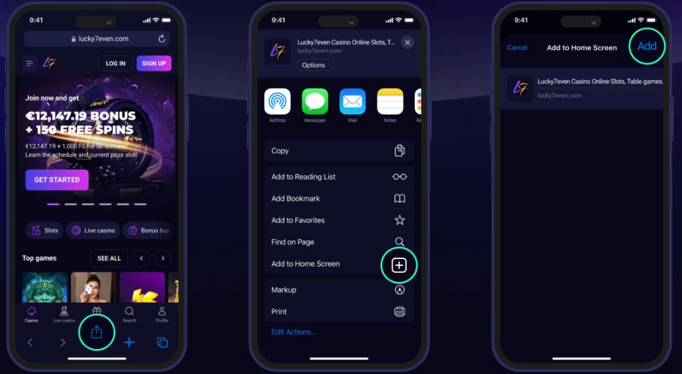 Lucky7even Casino-App zum Startbildschirm des iPhones hinzufügen 